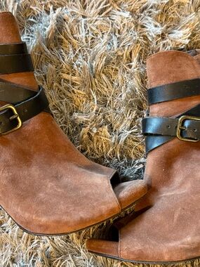 Women's Brown Suede Peep-Toe Heeled Booties with Black Buckle Straps